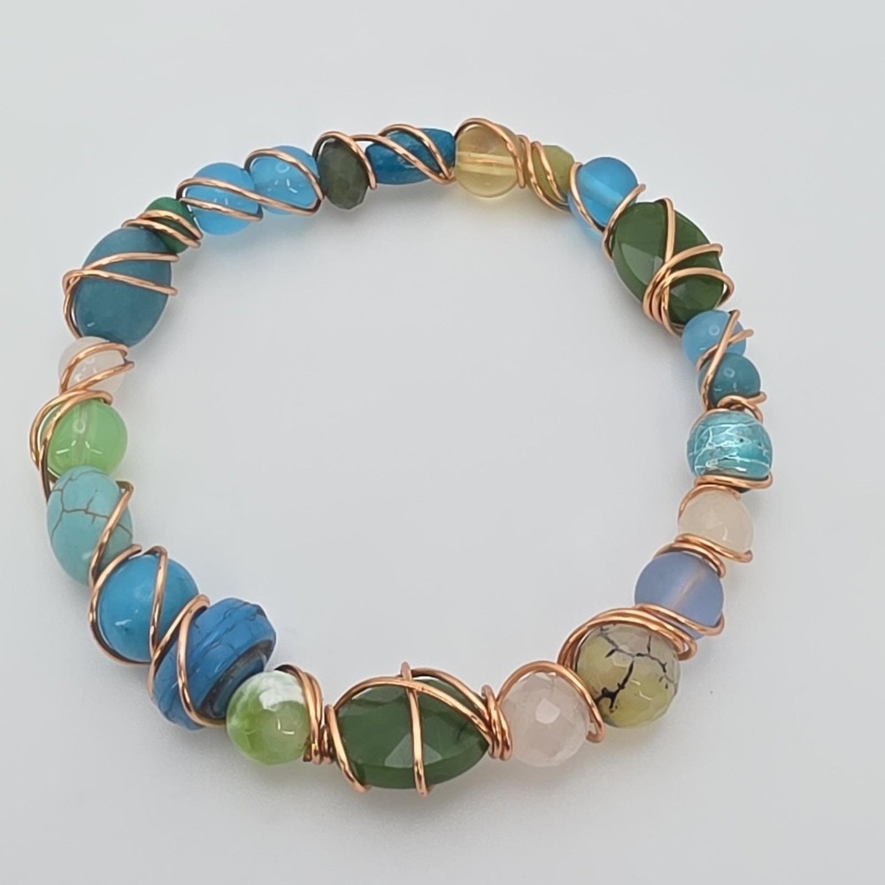 GEMSTONE Bracelet Adventurine Lace Agate Blue Rose Quartz Citrine Copper Wire 7"
